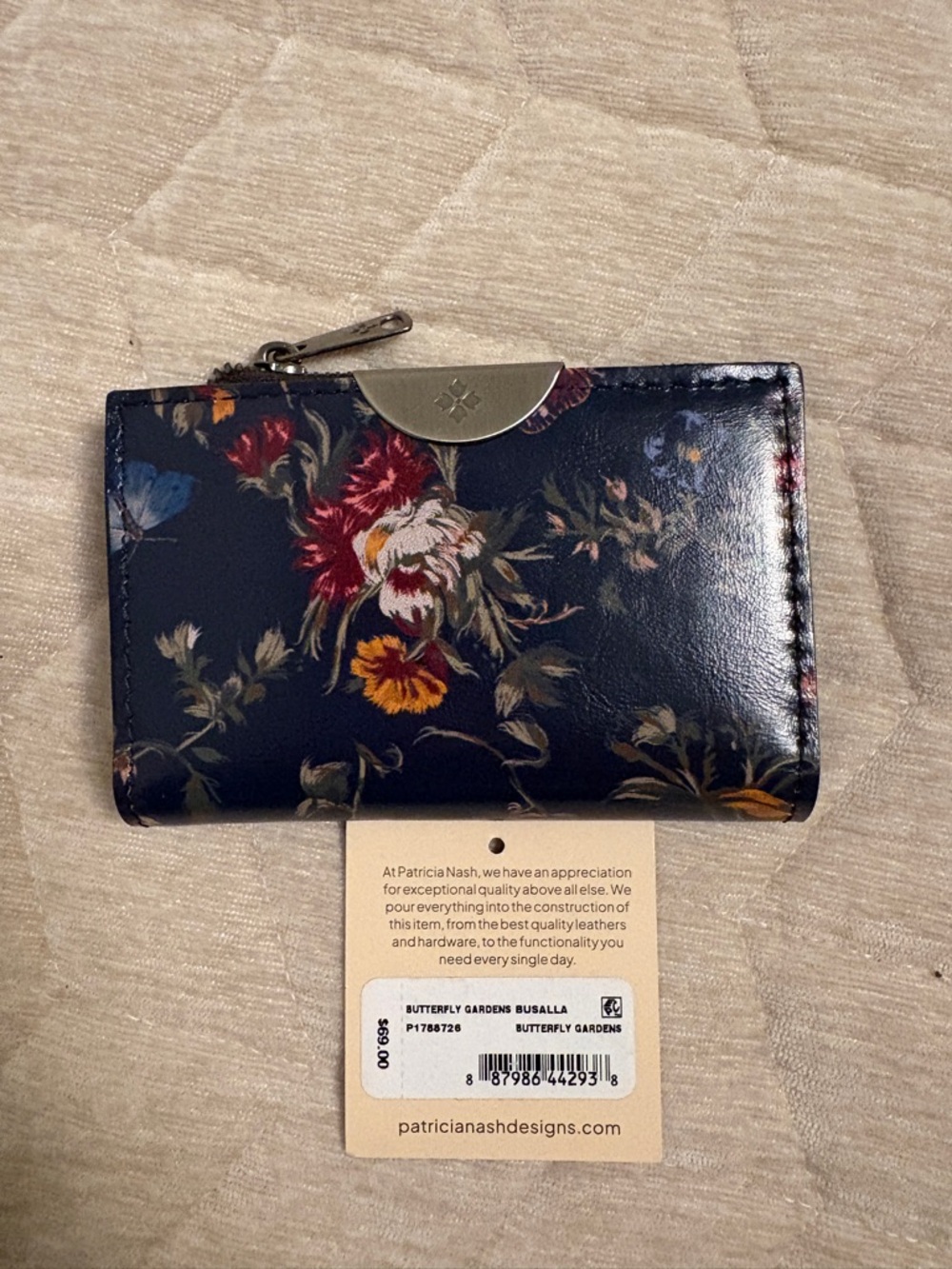 Patricia Nash Navy Floral Compact Zip Card Wallet with Metal Accent
